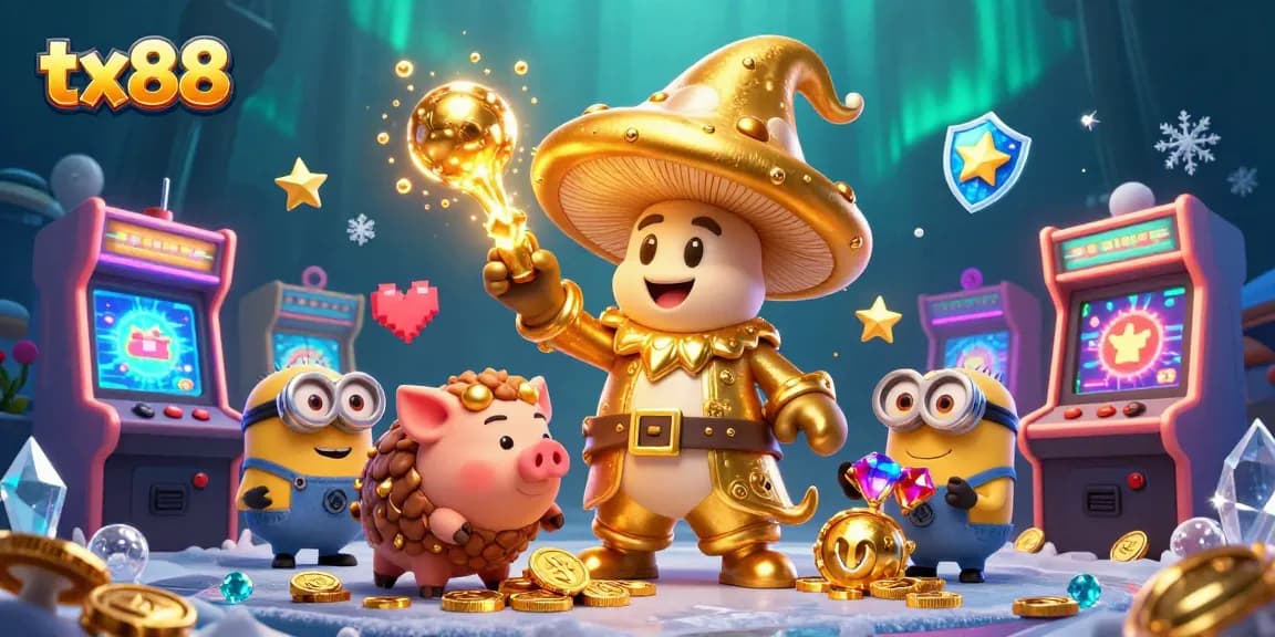 Experience the magic of tx88 as a golden wizard transforms treasures in a vibrant casino world.