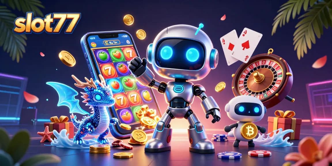 Experience thrilling gaming with slot777 in vibrant 3D illustration featuring robot and dragon.