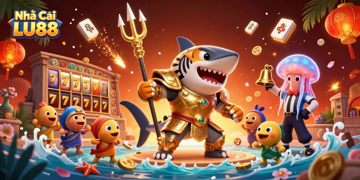 House of LU88 showcases a vibrant underwater casino scene with a gladiator shark and festive elements.