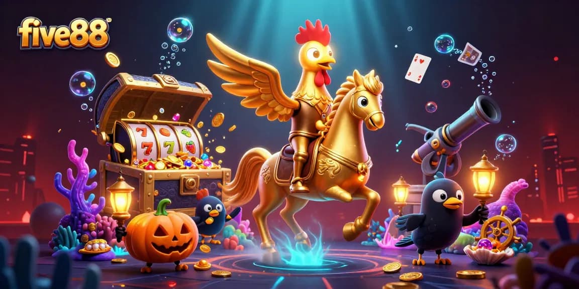 Experience thrilling gameplay at five88 with a golden rooster and exciting slot elements in a vibrant casino scene.