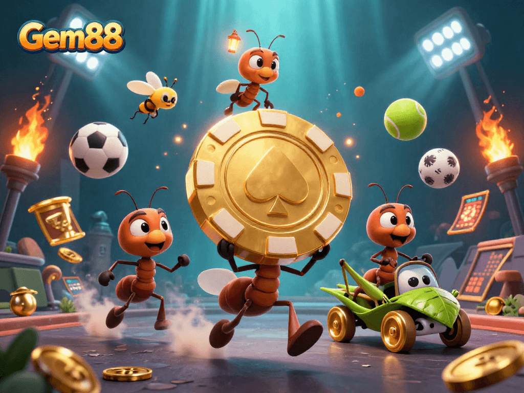 Gem88 offers a vibrant illustration of ants celebrating a mega poker chip heist amidst dynamic sports elements.