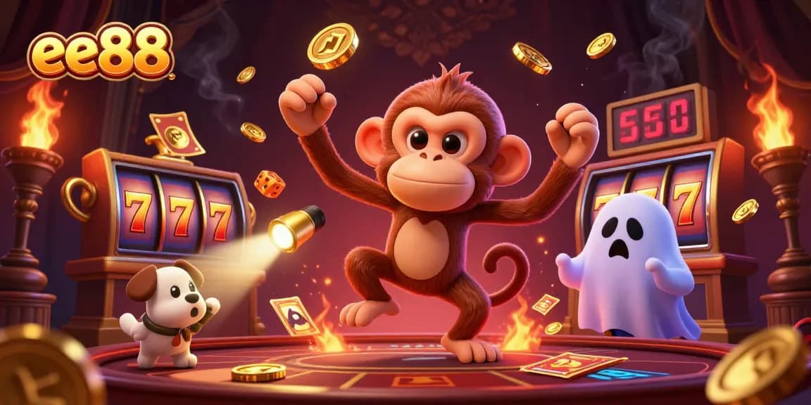 Spin slots with ee88's exciting elements as a mischievous monkey juggles golden rewards.