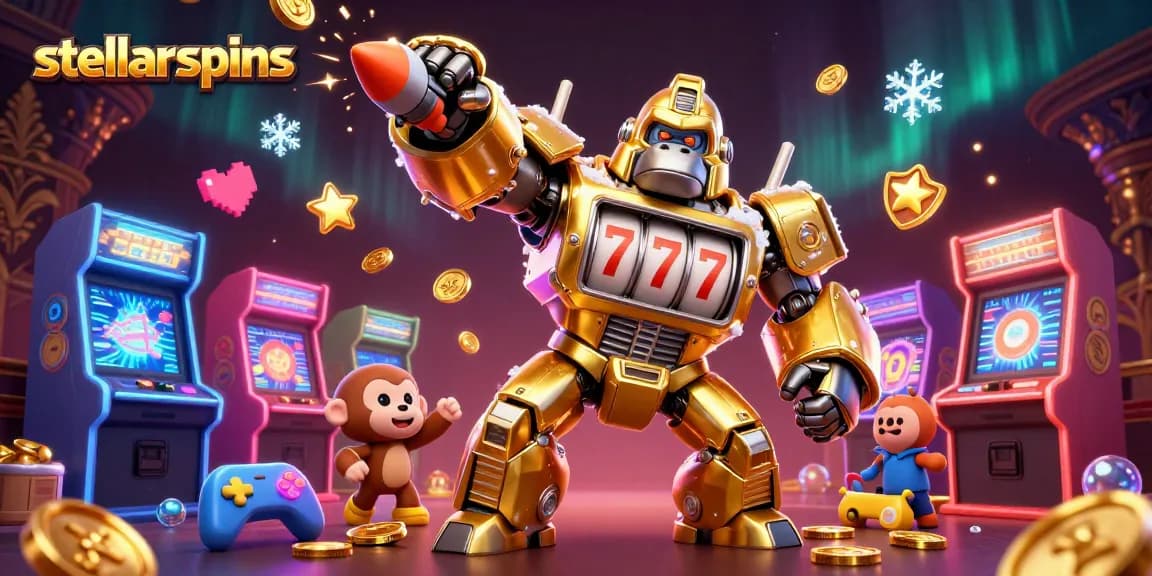 Engage in stellarspins with a dynamic 3D cartoon scene showcasing the golden gorilla mech and casino elements.