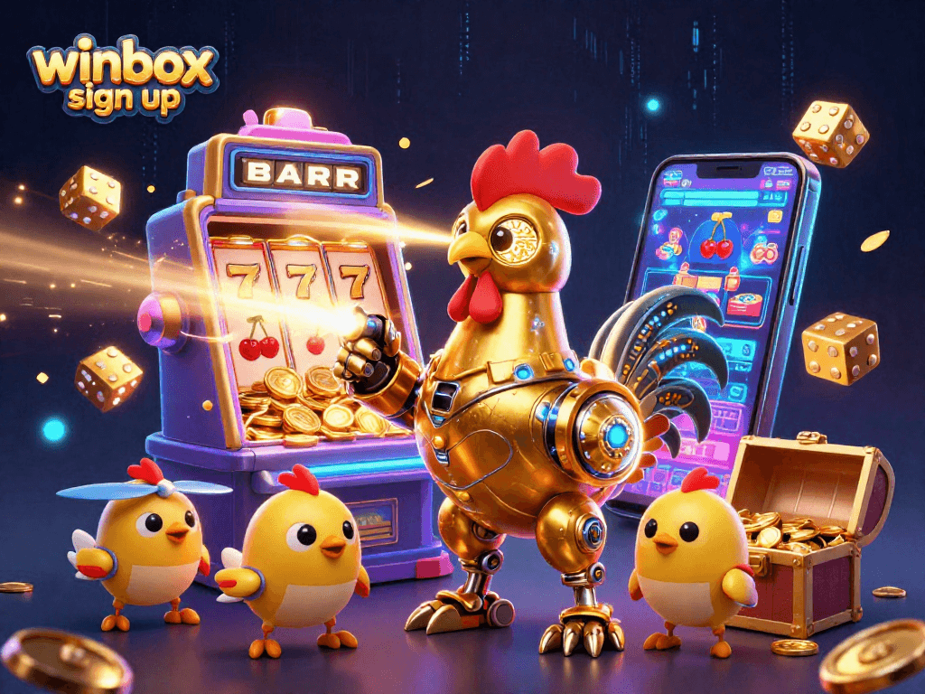 Engage with winbox sign up for thrilling casino games, featuring a golden rooster robot and vivid gaming elements.