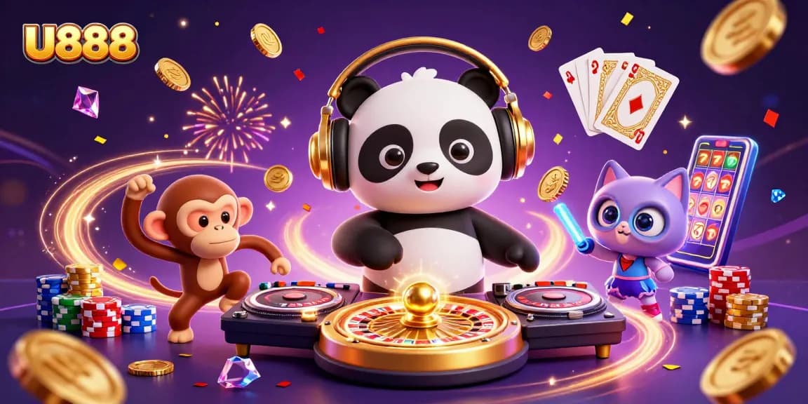 Experience U888 excitement with a DJ panda spinning roulette wheels amidst vibrant casino celebrations.