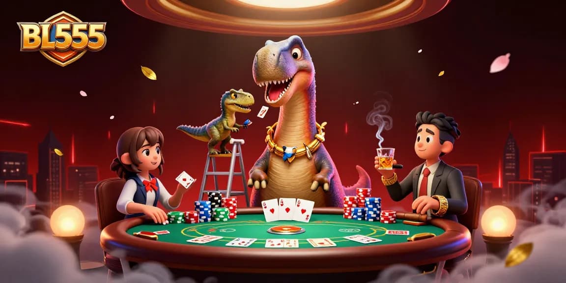 Experience the vibrant world of BL555 with a playful 3D dinosaur poker scene, emphasizing excitement.