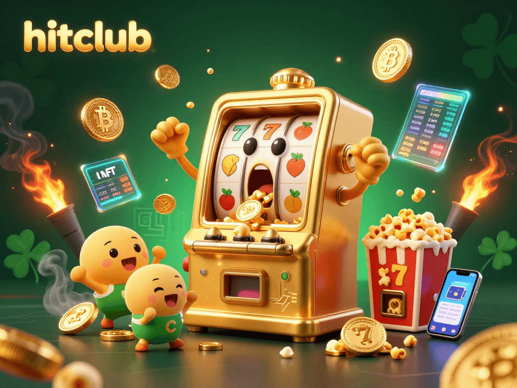 Hitclub slot machine illustration hitting a jackpot, animated with crypto elements.