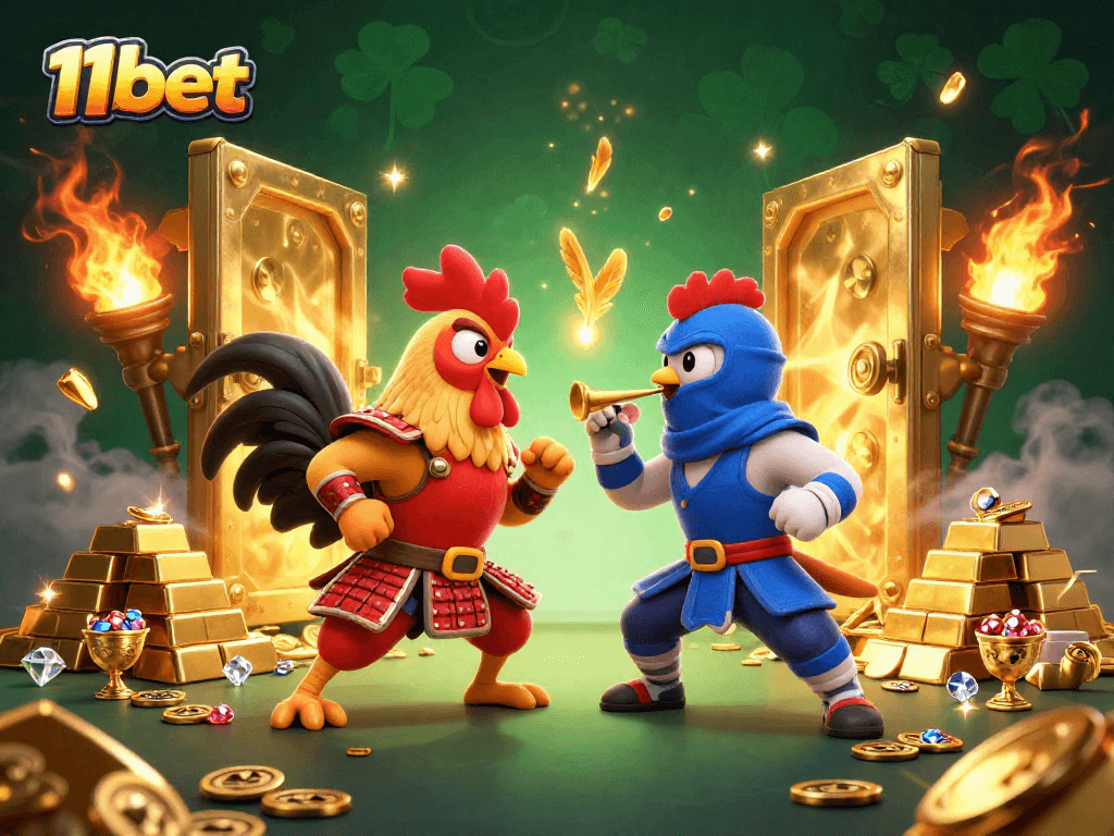 Engage with the thrilling standoff of 11bet's fighting roosters amidst dazzling treasures.