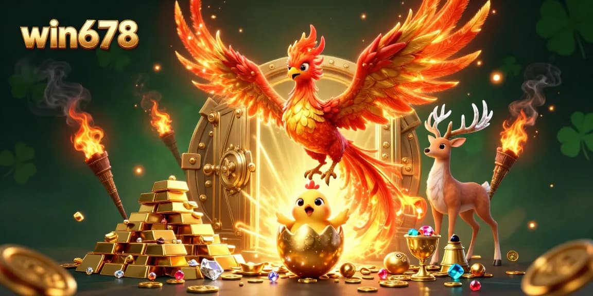 Experience win678's vibrant gaming atmosphere with a mystical phoenix and treasures of chance.