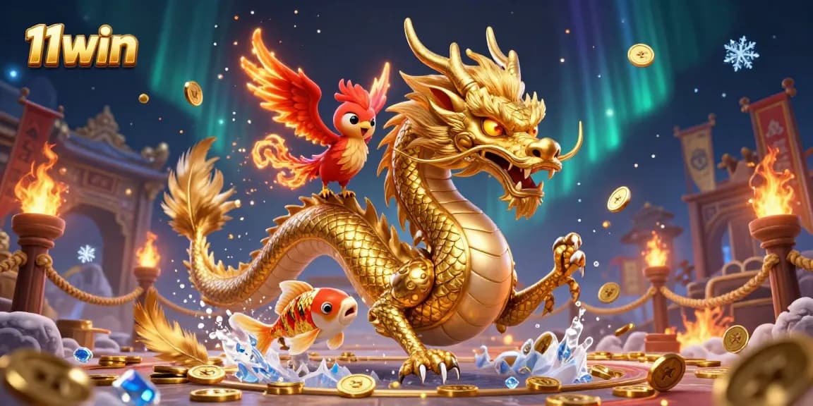 Experience thrilling 11win gameplay with a dragon, phoenix, and koi fish in a dynamic casino scene.