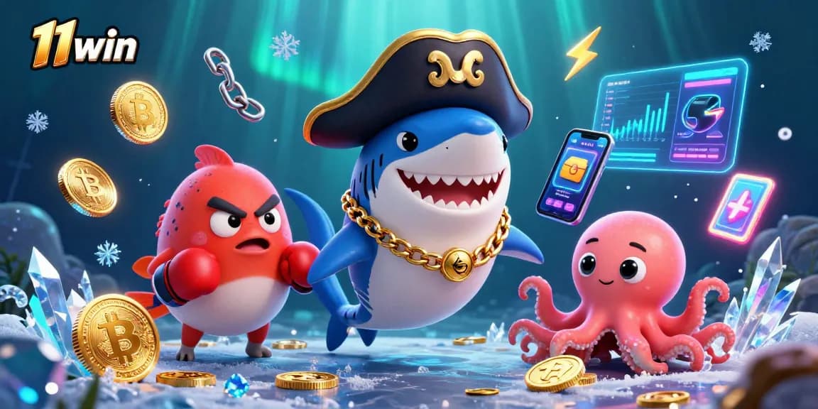 Win big with 11win: cartoon pirate shark, pufferfish, and octopus in a vibrant casino scene