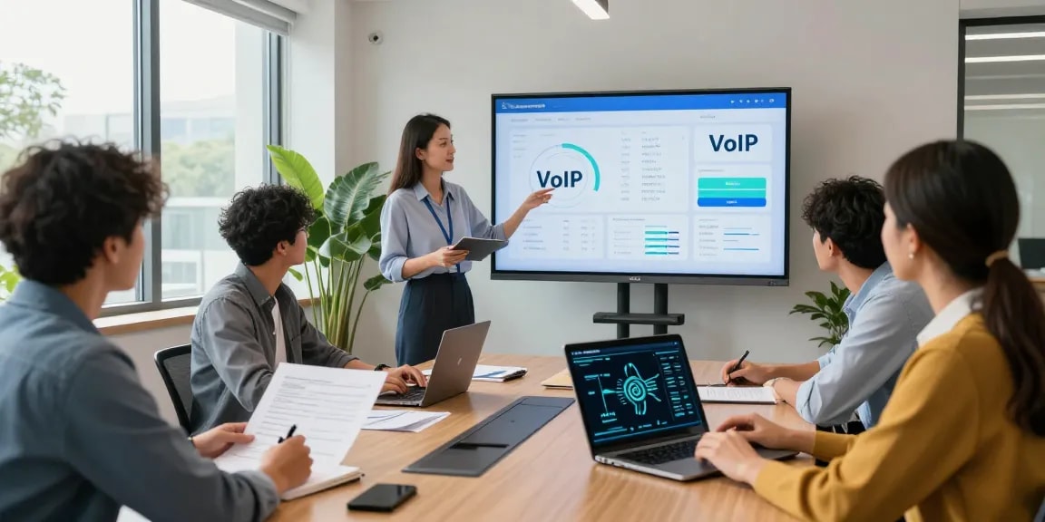 Team discussing business phone systems in a modern office, showcasing collaboration and technology integration.