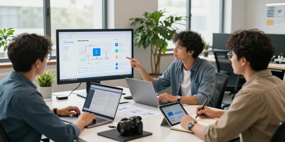 Collaborative workspace showing a team building internal tools with AI, focusing on innovation and teamwork in a modern tech office.
