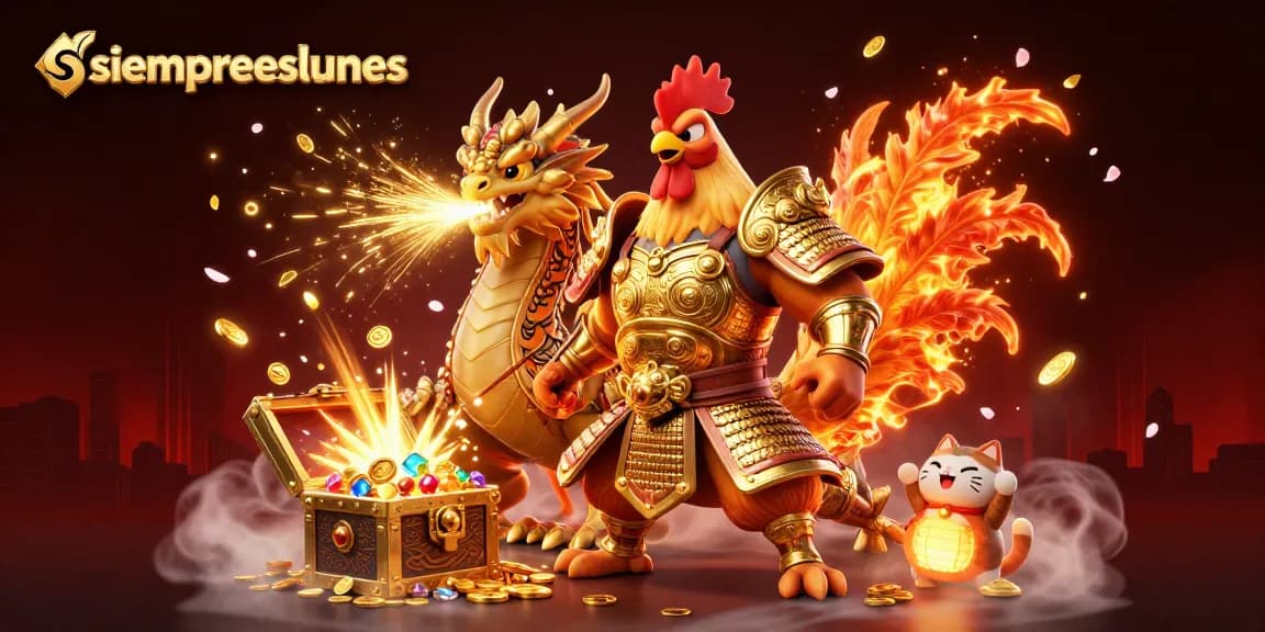 Engage with exciting gameplay at siempreeslunes, featuring a dynamic rooster warrior and dragon hatchling.