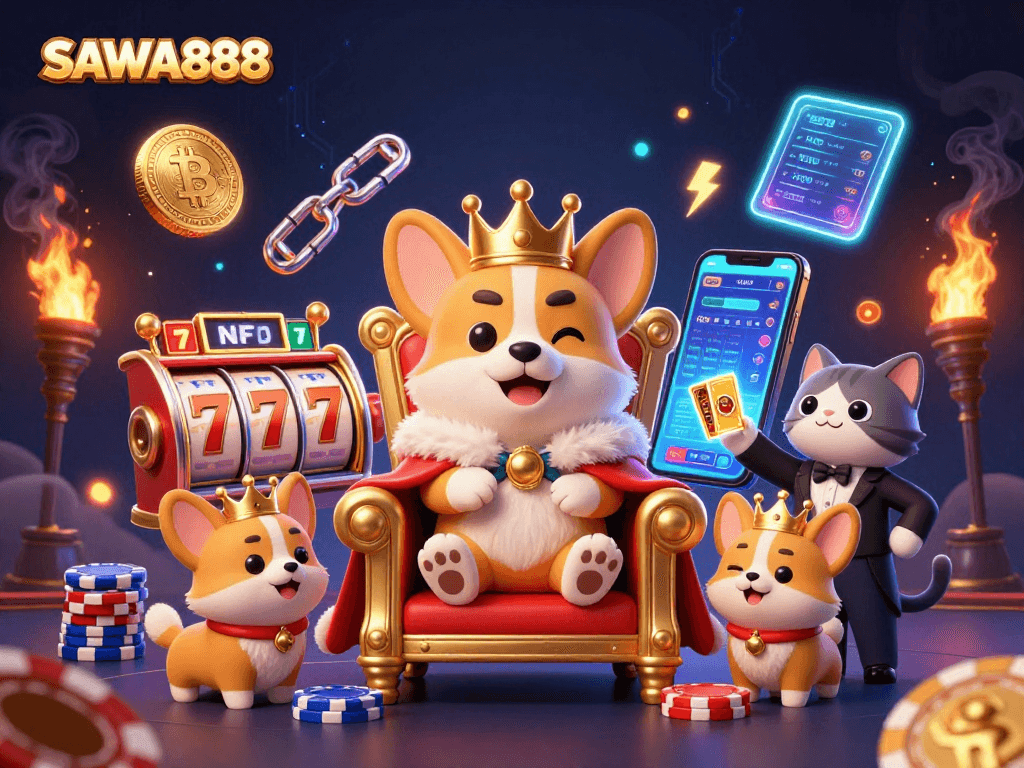 Experience the thrill of SAWA888 with vibrant slot elements, a regal corgi, and rich casino visuals.