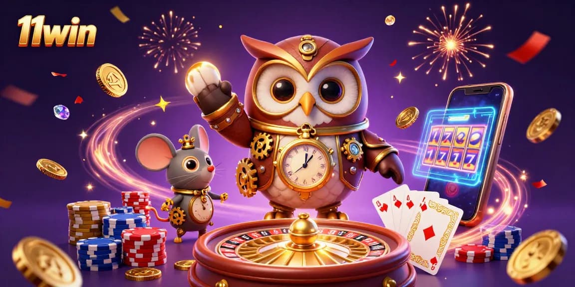 Win big with 11win’s magical casino adventure featuring a time-traveler owl and dynamic visuals.