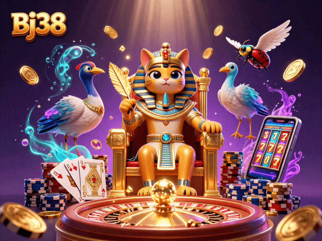 Experience rich gaming action at Bj38 with a vibrant illustration of a pharaoh cat amidst dynamic casino elements.