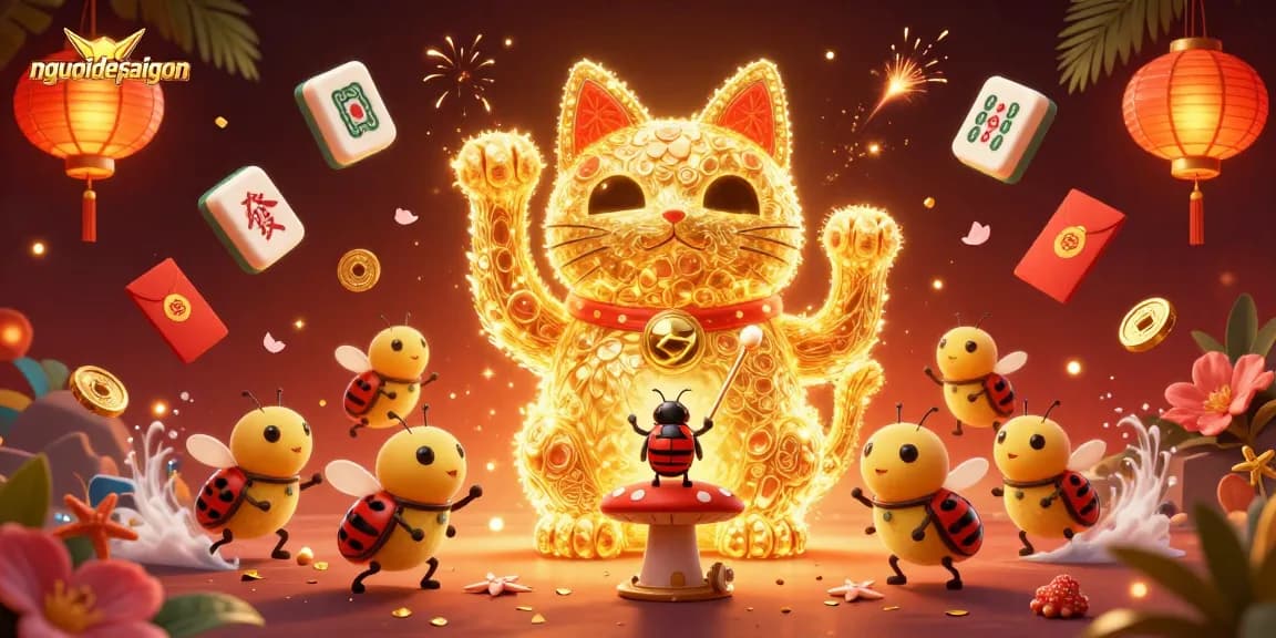 Play exciting games with nguoidepsaigon's vibrant casino-themed 3D artwork featuring lucky cat, fireflies, and more.
