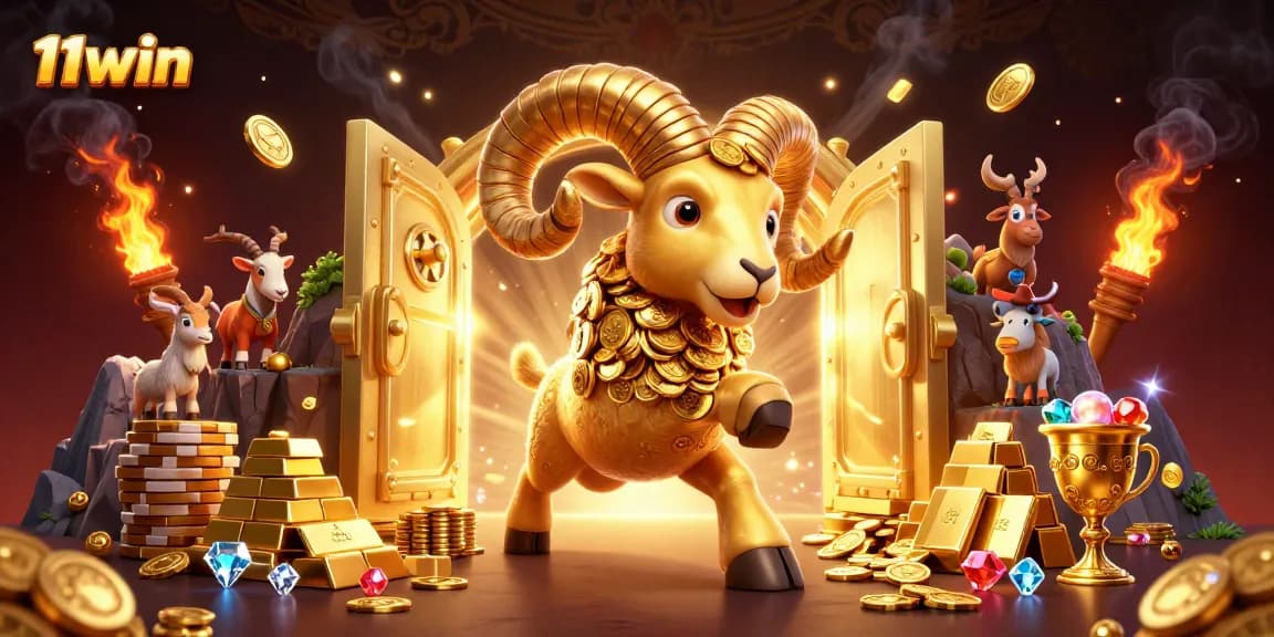 Engage with exhilarating wins at 11win featuring a golden ram charging through a treasure-filled casino scene.