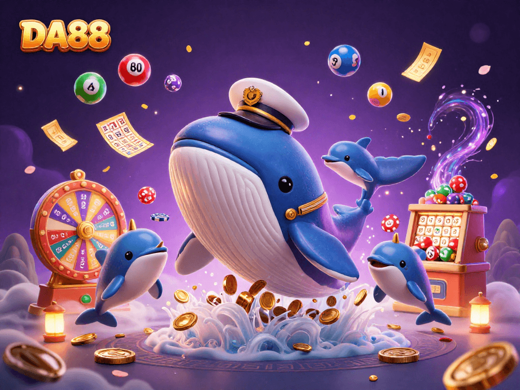 Engage with DA88's colorful fantasy casino world featuring a whale, narwhal, and playful dolphins.