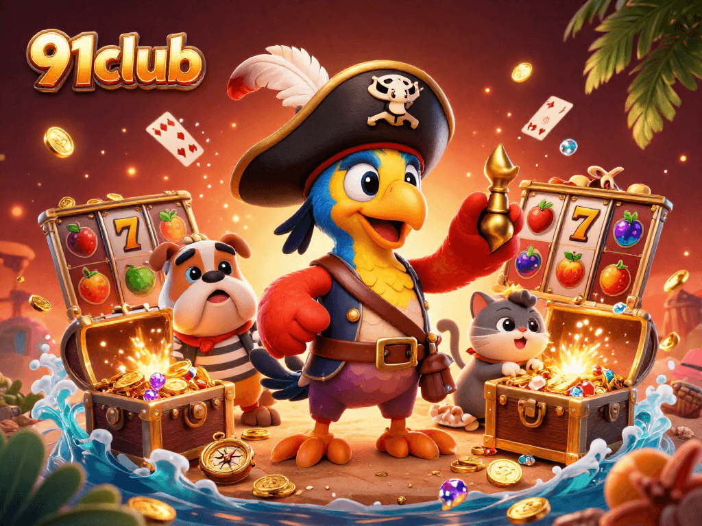 Experience the thrilling gaming adventure of 91club with vibrant characters and colorful elements in this digital casino illustration.