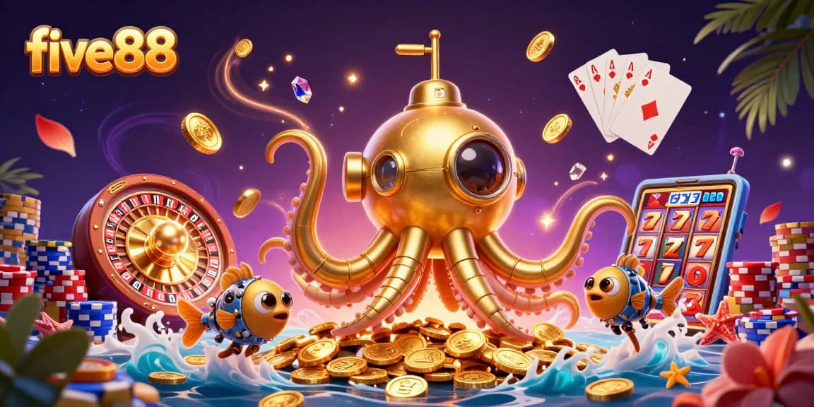 Experience thrilling adventures with five88, featuring a golden kraken amidst dynamic casino games.