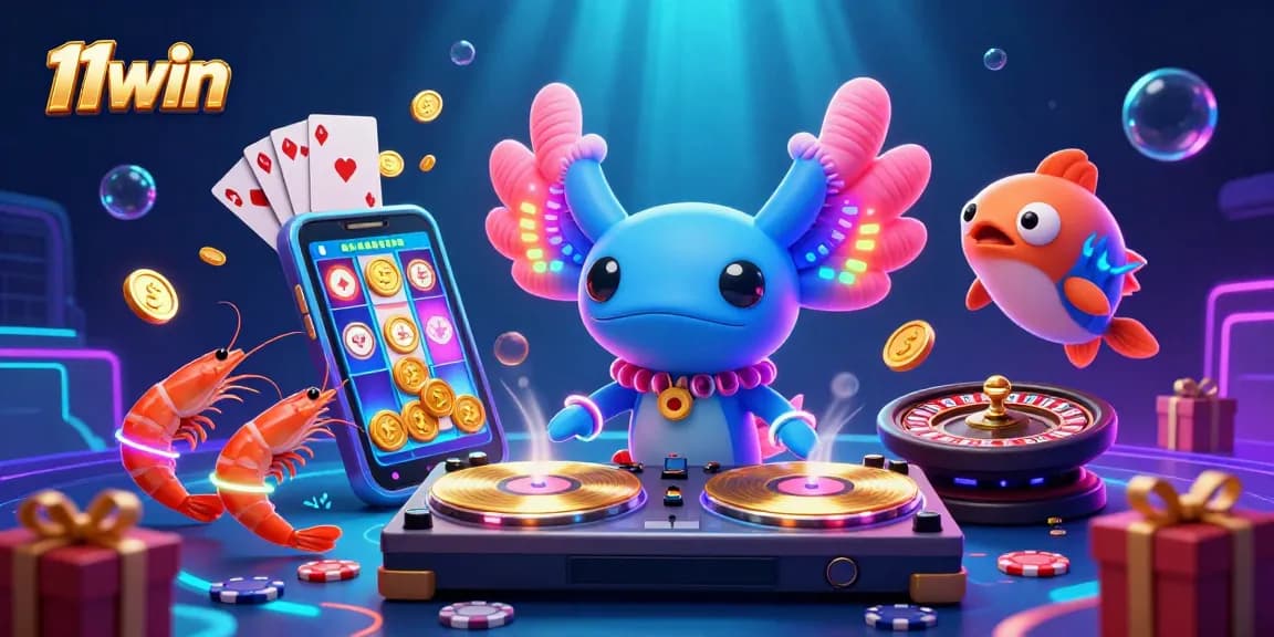 Engage in the vibrant casino world with 11win's neon-themed underwater party featuring a DJ and colorful gaming elements.