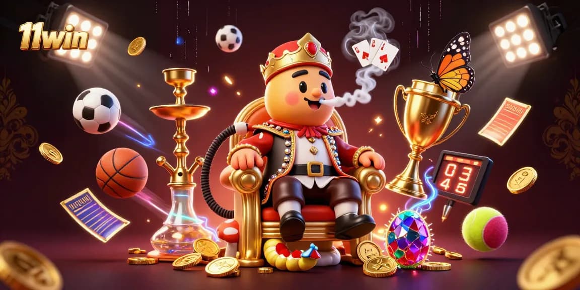 Engage in fun gaming with 11win, featuring a vibrant, cartoonish scene of betting and sports elements.