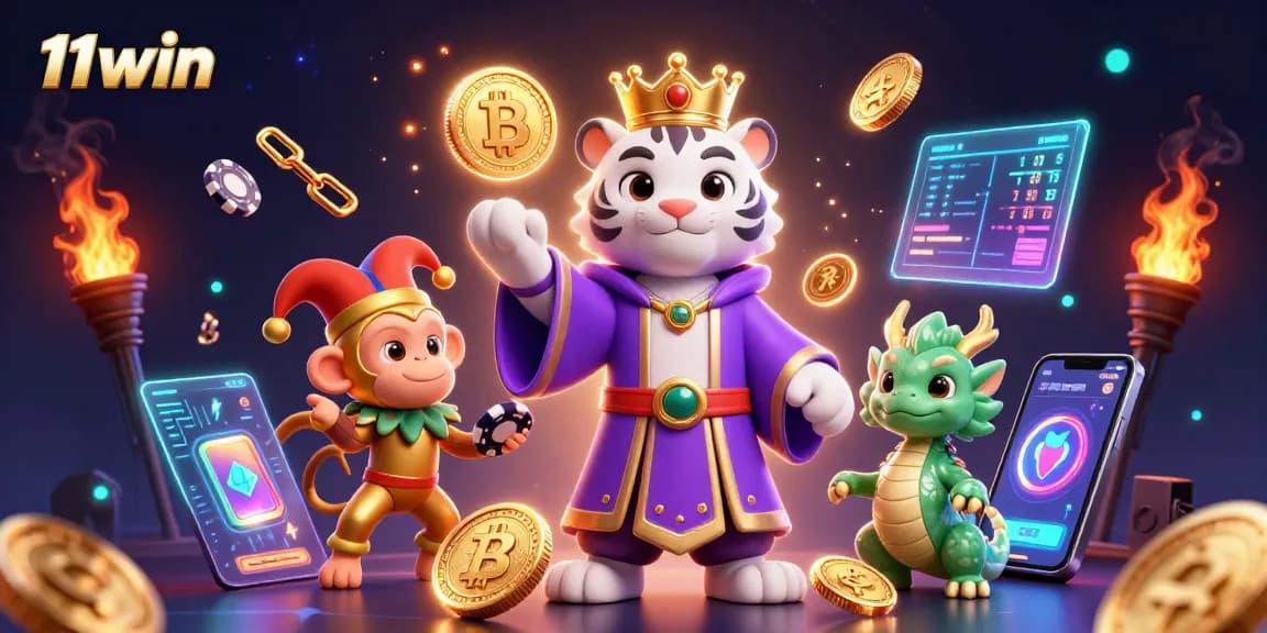 Engage with 11win's vibrant gaming scene featuring a playful tiger and dynamic crypto elements.