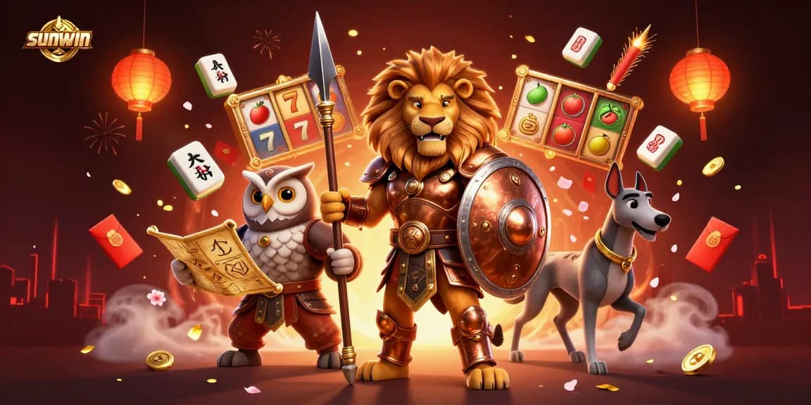 Win big with sunwin as a heroic Spartan lion stands guard amid vibrant slot symbols and festive decorations.