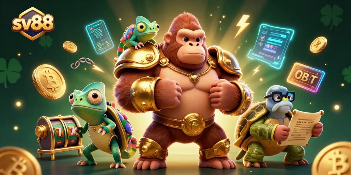 Engage with sv88's vibrant casino scene featuring a gorilla king and gaming elements.