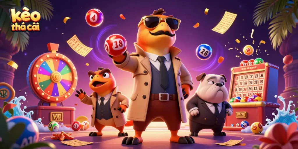 Engage with kèo nhà cái in a vibrant, illustrated casino scene featuring playful raptors.