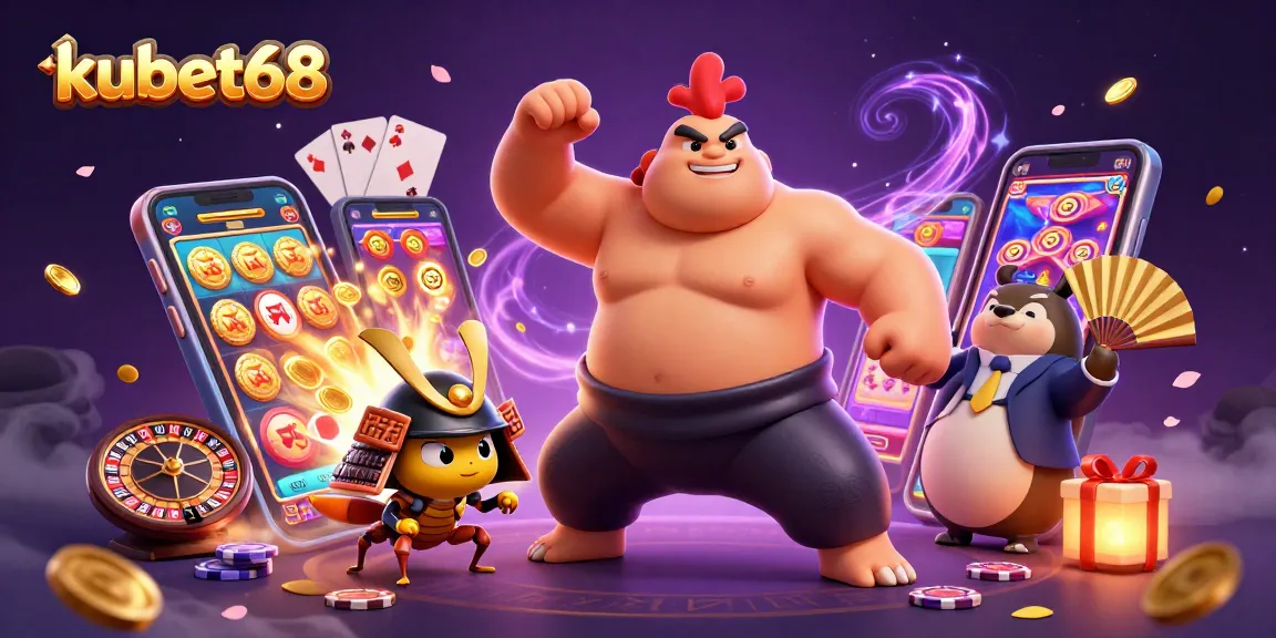 kubet68 unleashes excitement with 3D sumo wrestler and samurai cricket in an action-packed casino scene