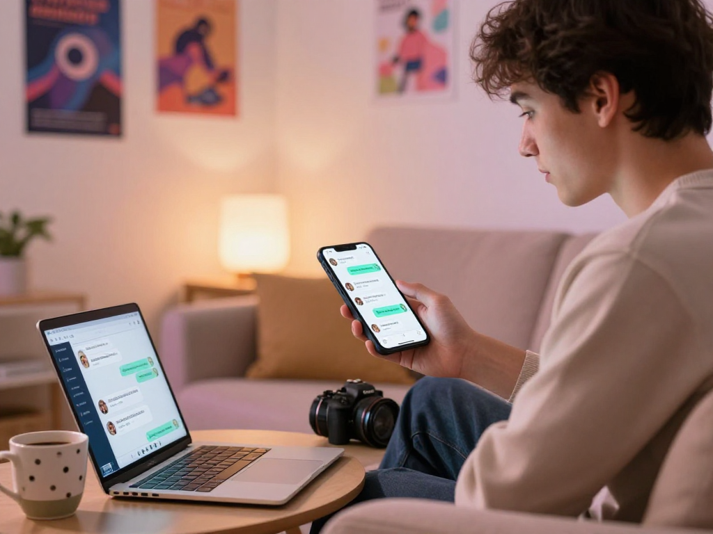 A young man engaging in NSFW AI chat on a stylish mobile app in a cozy living room.