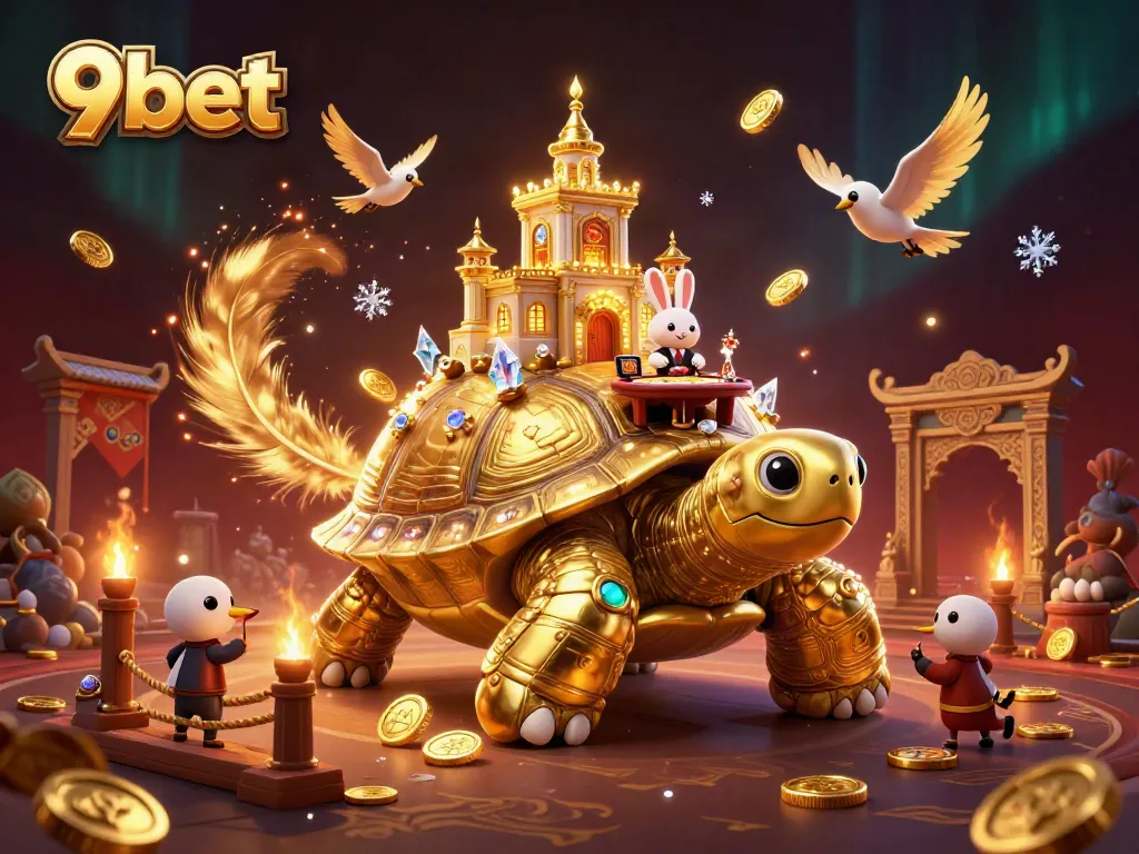 Experience thrilling games at 9bet, featuring a vibrant 3D illustration of a golden tortoise casino.