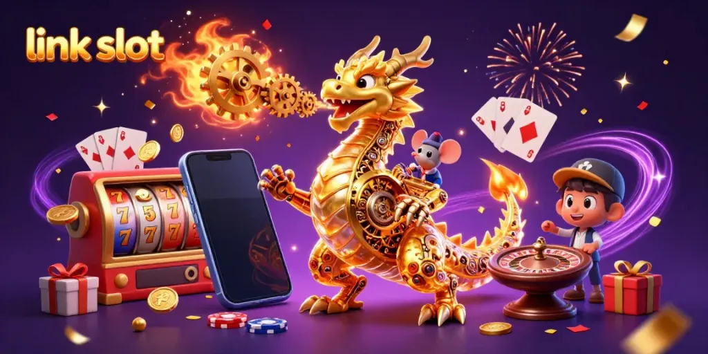 Experience the excitement of link slot play with a dynamic scene featuring a golden dragon and vibrant game elements.