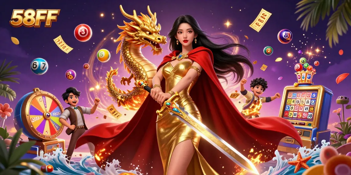 Engage with themed gambling excitement at 58FF featuring vibrant lottery elements and a powerful warrior queen.