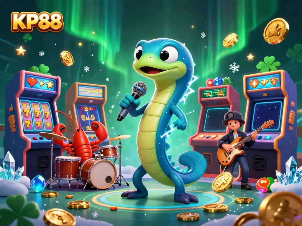 KP88 showcases a vibrant underwater casino stage with lively characters, slot reels, and gaming elements.