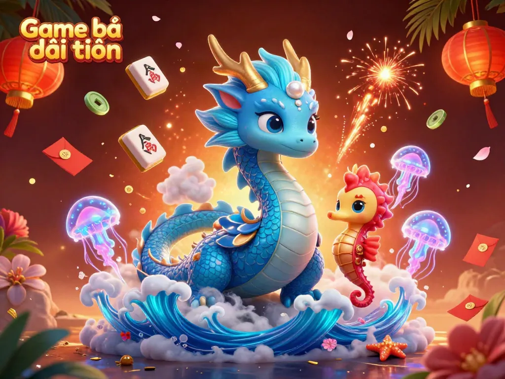 Immerse in the vibrant world of Game bài đổi thưởng with an enchanting azure dragon and seahorse knight amidst glowing elements.