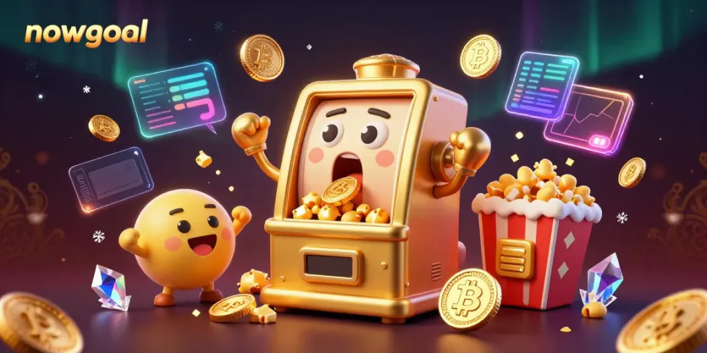 Spin the reels at nowgoal with a golden slot machine celebrating a jackpot amidst a festive atmosphere.