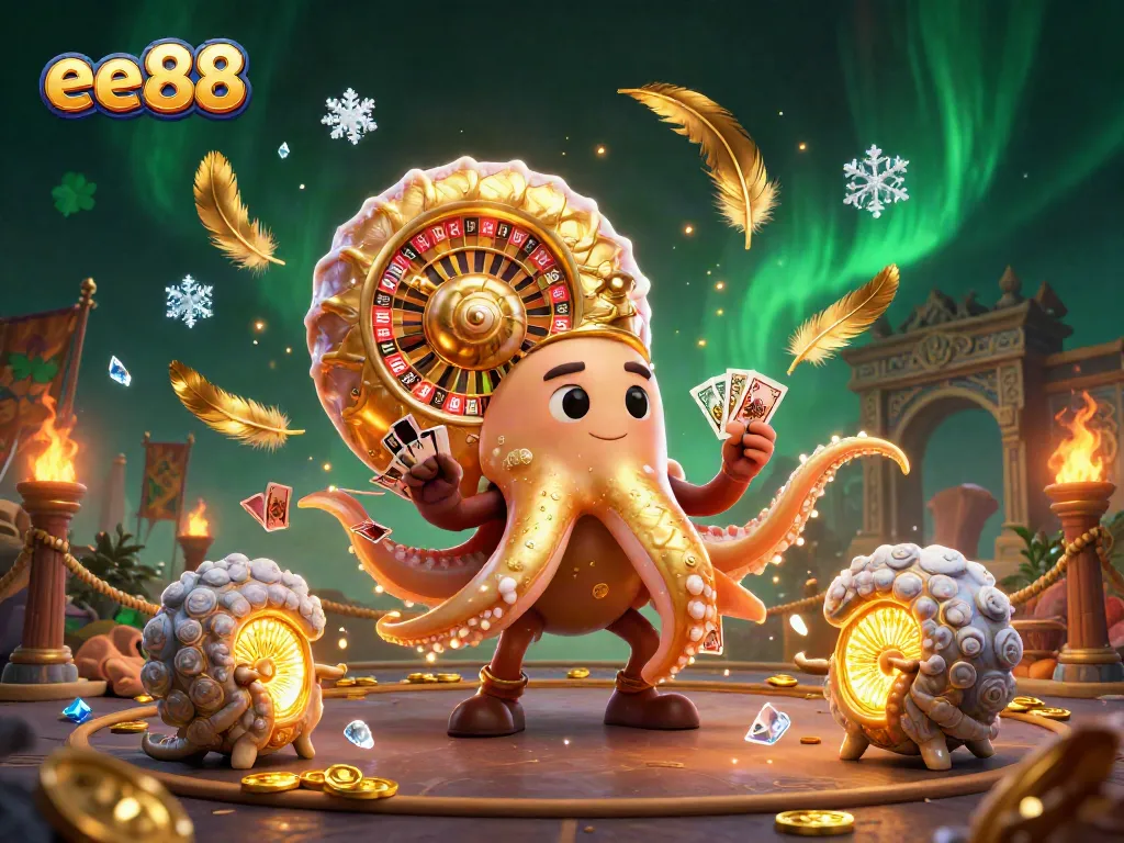 ee88 platform showcasing a nautilus roulette wheel and glowing ammonite companions in a vibrant casino scene