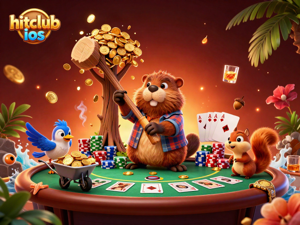 Engage with hitclub ios as a cartoon lumberjack beaver collects golden coins amidst poker chips.