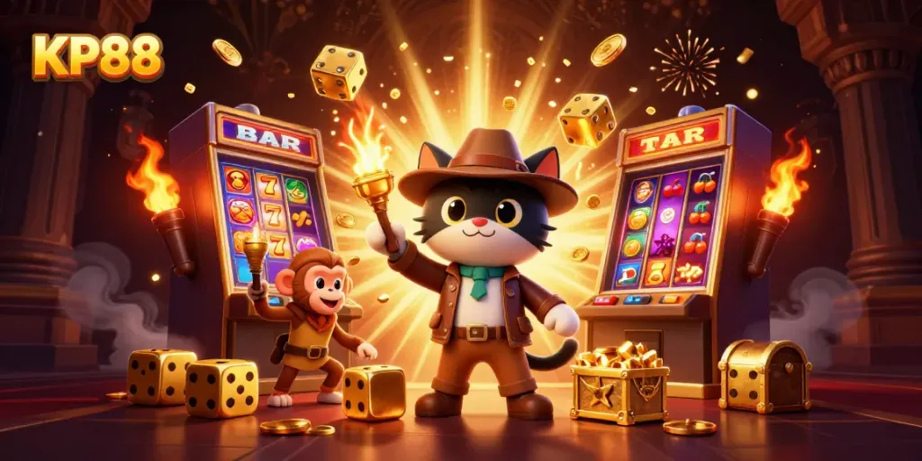Uncovering treasures at KP88 casino with characters amidst exploding jackpots and vibrant gaming elements.