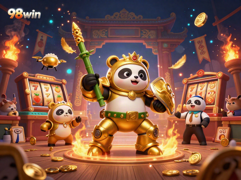 Spin the reels and win in this vibrant 98win 3D casino illustration featuring a golden panda and dynamic elements.