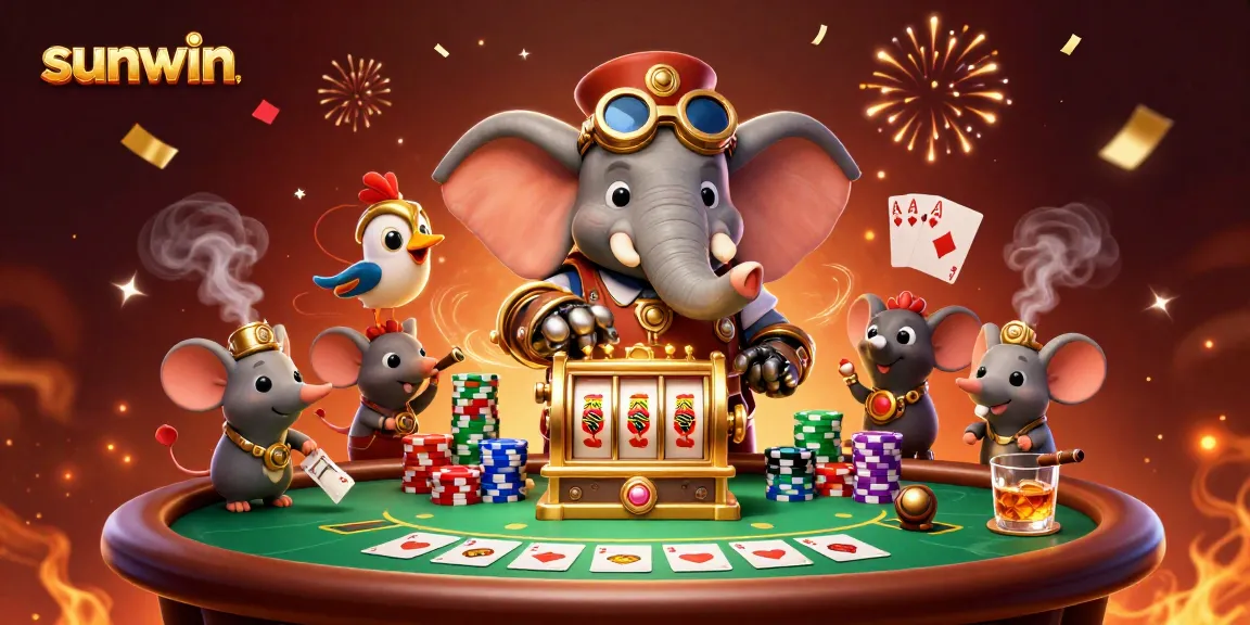 Experience exciting gameplay with sunwin’s vibrant 3D illustration showcasing a steampunk elephant engineer at the slots.