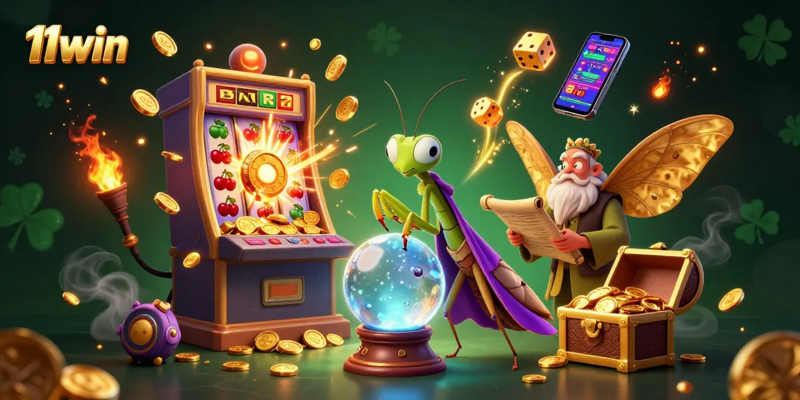 Engage with 11win's stunning 3D casino illustration featuring colorful slot action and mystical characters.