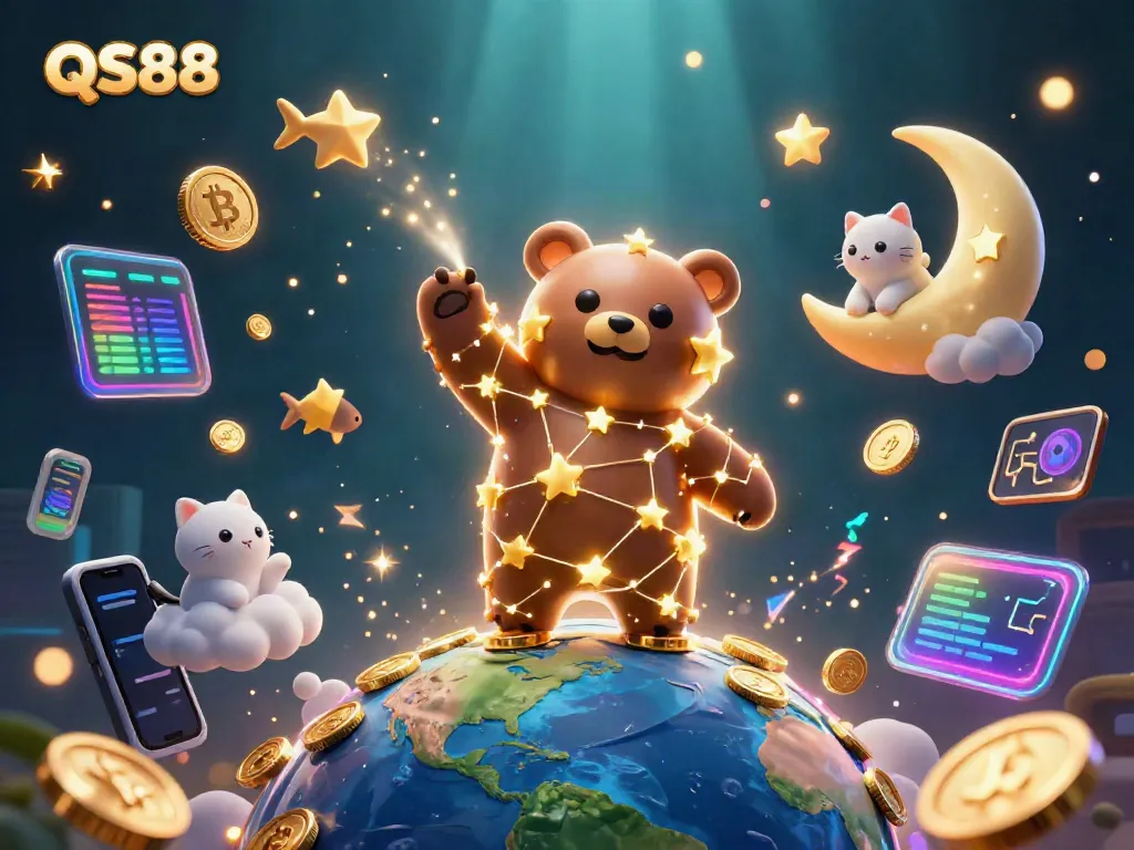 Engage with QS88's universe, featuring a constellation bear and surreal cosmic elements in a vibrant 3D scene.