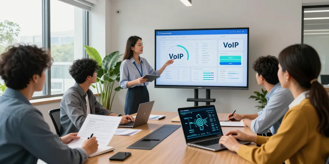 Team discussing business phone systems in a modern office, showcasing collaboration and technology integration.