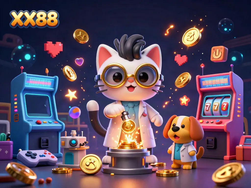 Experience thrilling moments with XX88 as a mad scientist cat creates gold coins in a vibrant, dynamic casino setting.