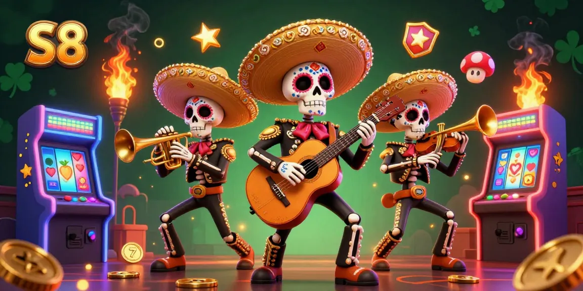 S8 offers thrilling spins and jackpots in a vibrant gaming scene filled with mariachi characters and slot elements.